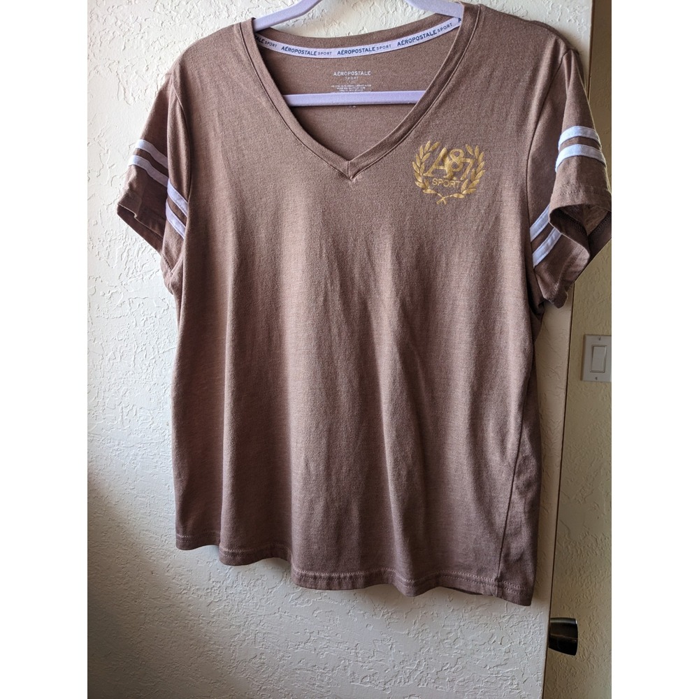 Aeropostale Sport Womens V-Neck Tee Brown Gold Foil A87 Logo Stripe Sleeve Large